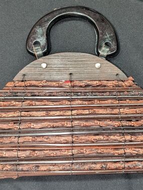 Woven Wooden Twig Handbag with Black Handle - Brown